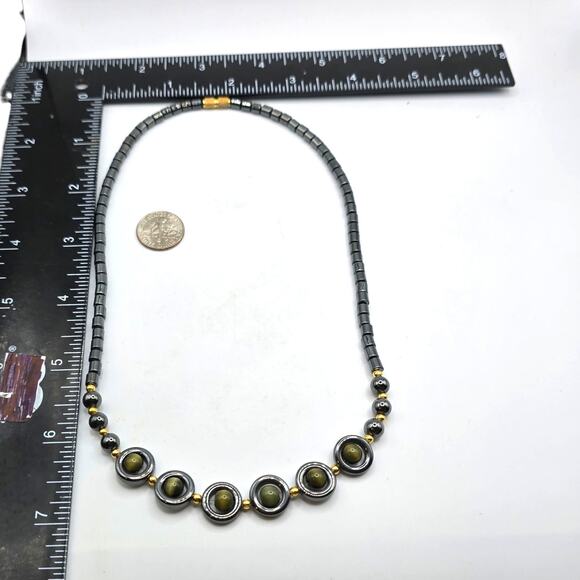 Vintage Hematite Tiger Eye Bead Necklace Gold Tone Accents 16" Choker Jewelry - Picture 7 of 7